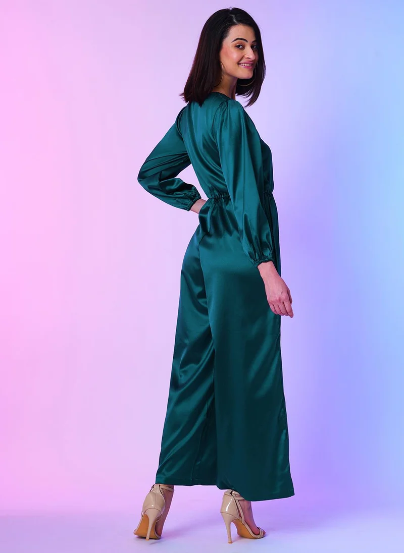 globus Teal Globus Women Teal Green Wrap Neck Wide-Leg Party Jumpsuit for Women | Best Price UAE